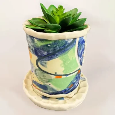 Blue Cosmos Porcelain Planter with Tray