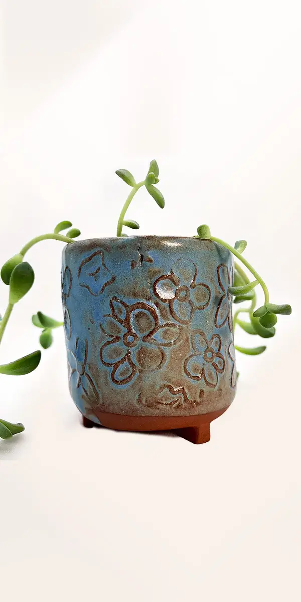 Stamped Red Clay with Sky Blue Glaze Mini Planter