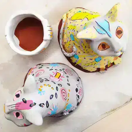 Both cats fully decorated with underglazes. Calypso (L) and Ginger (R)