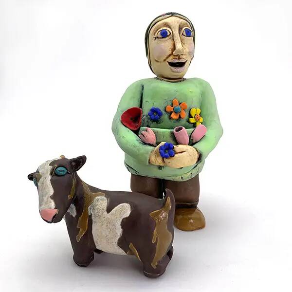 Flower Farmer Dori with Willie the Goat Clay Sculpture