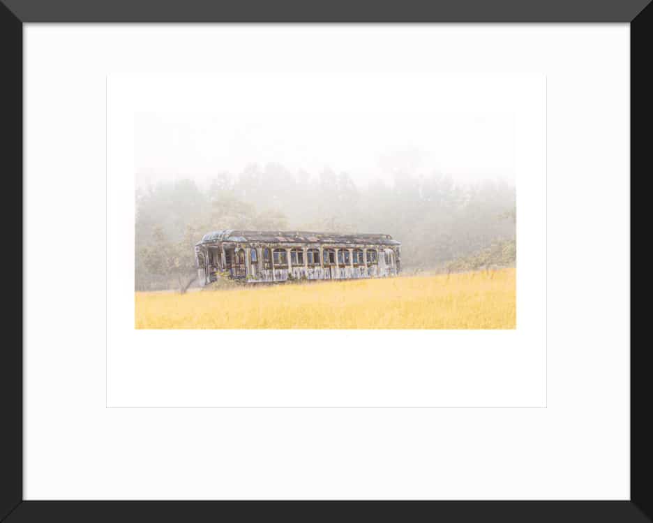 Retired Trolley In The Fog -Framed print